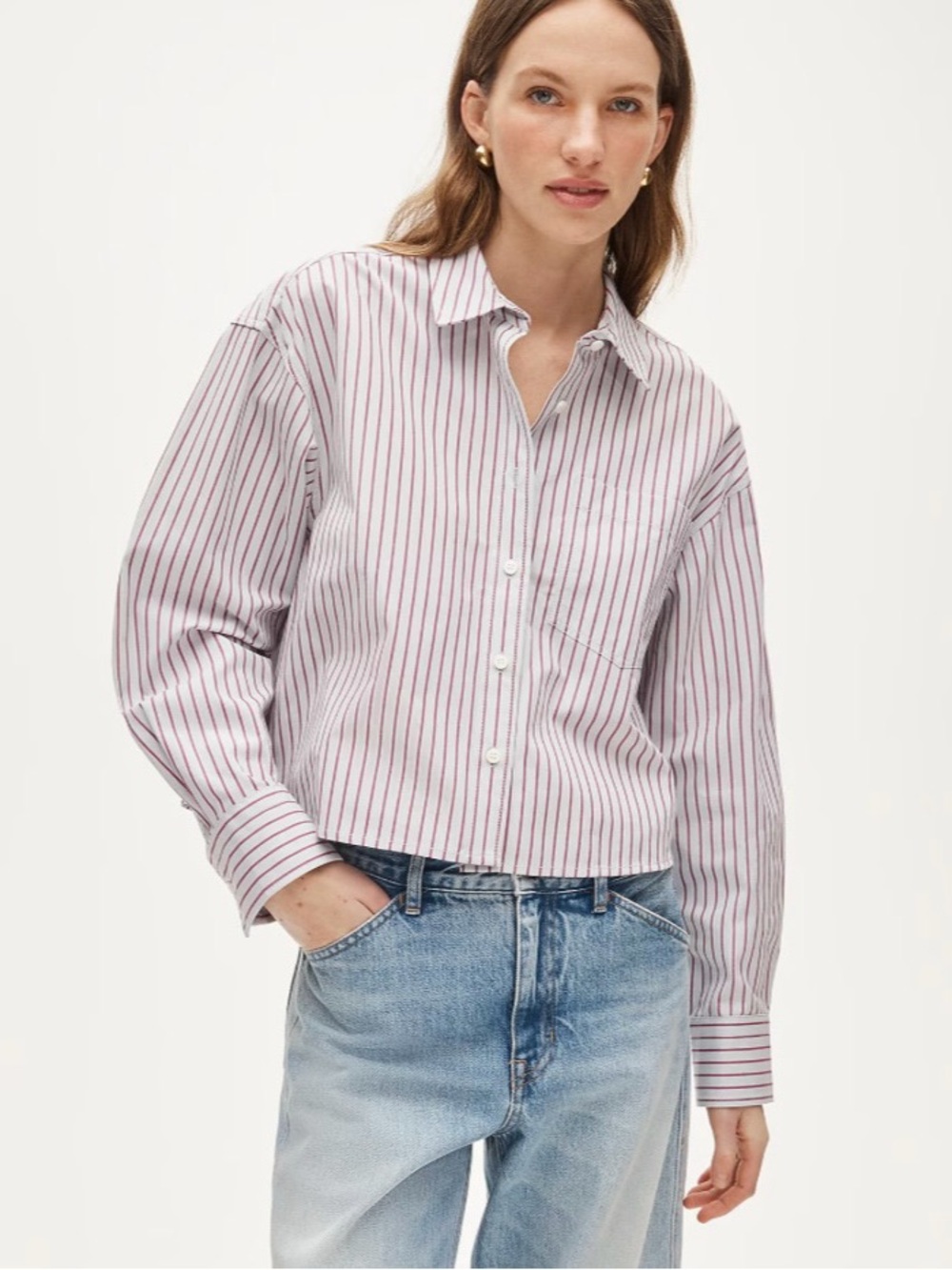 J. Crew Étienne Cropped Button-up Shirt Striped Cotton Poplin Serene Blue Plum